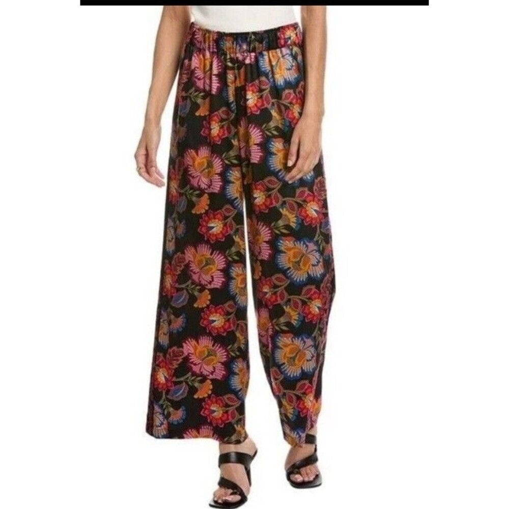 Johnny Was Workshop Floral 100 % Silk Wide Legs Pants Sz Medium